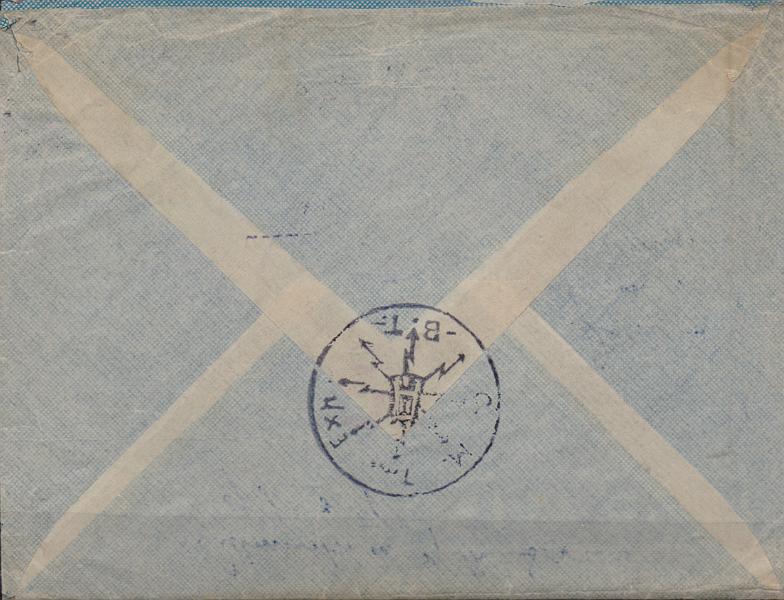 0740 v.jpg -     Lote:    740 (verso)                   Descrição:         1939/45 &mdash; 2.ª Guerra Mundial. Expedição a Timor. Sobrescrito circulado isento de franquia da Estação Telegrafo Postal de Dili (07.05.46) para Wellington. Na frente carimbo batido a preto da "ESTAÇÃO TELEGRAFO POSTAL / DILI". No verso carimbo batido a preto "C. M. T. EXP. / B. T. &mdash; Companhia Mista de Transmissões Expedicionária / Batalhão de Transmissões". MB e MR.        Carta       Valor Base:     &euro; 500,00     Valor Venda:     &euro;      